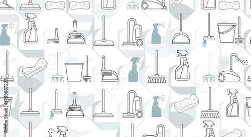 Collection of Cleaning Supplies and Equipment Icons.
