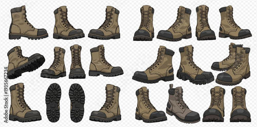 Collection of brown work boots with various angles and views on a transparent background.