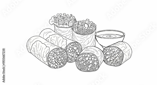 Six spring rolls and a dipping sauce bowl, black line art