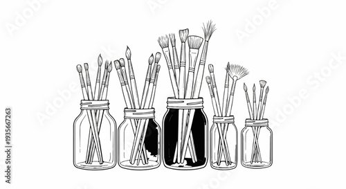 Assortment of artist paint brushes in glass jars on a white background