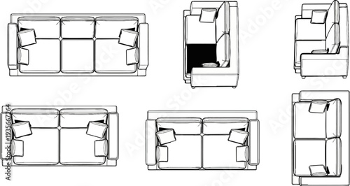 Multiple wireframe views of a sectional sofa with cushions