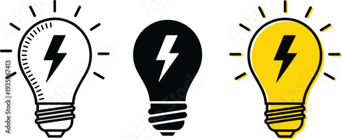 Light bulb icon, electricity symbol, lightning bolt inside lamp, energy concept, illuminated yellow bulb, power idea, innovation, electrical design