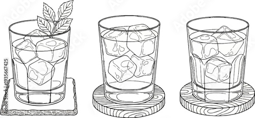 Three glasses of iced beverages, one with mint, on coasters