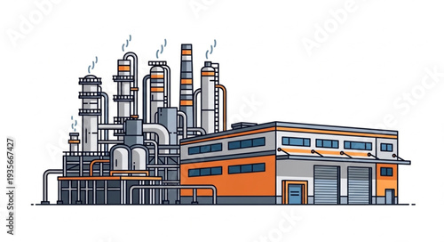 Industrial factory with smoke stacks and pipelines illustration.