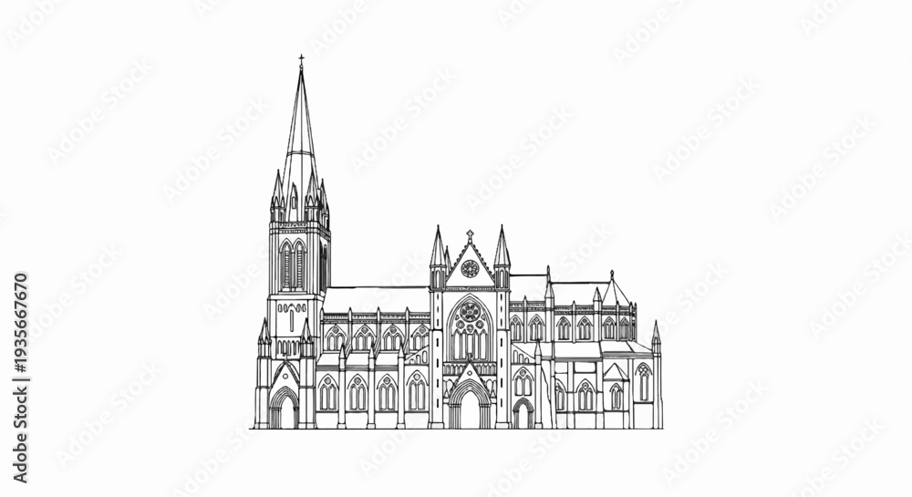Obraz premium Ornate gothic cathedral sketch with tall spire, arched windows, and detailed facade