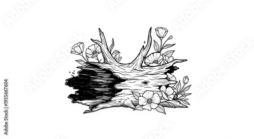 Artistic depiction of a weathered log adorned with delicate flowers