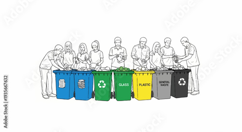 People sort waste into colored bins for recycling
