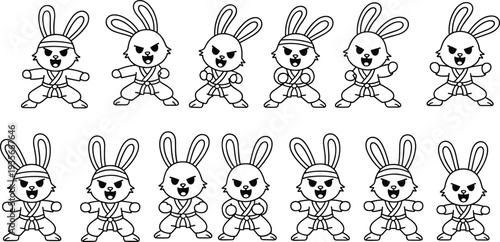 Cute cartoon rabbit karate characters set, funny bunny martial arts poses collection, kawaii animal fighters vector illustration isolated on white background