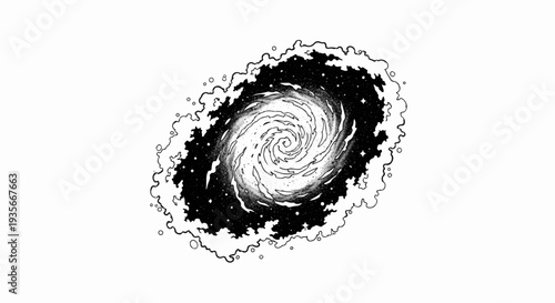 Black and white spiral galaxy with stars and cloudy edges
