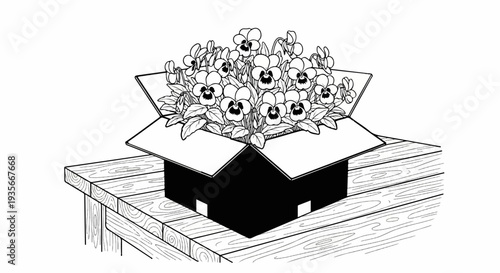 Black pot with vibrant pansies sits on a wooden table