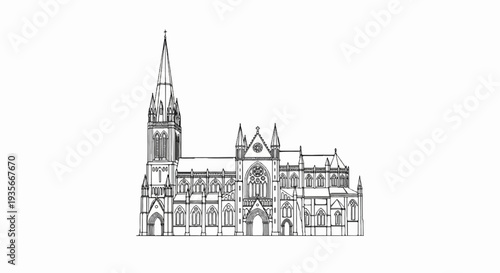 Ornate gothic cathedral sketch with tall spire, arched windows, and detailed facade