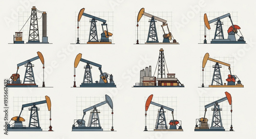 Collection of Oil Pump Jacks and Rigs Illustration.