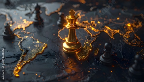 Golden chess piece on dark background with blurred figures