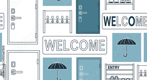 Welcome Sign and Doors with Umbrella Icons.
