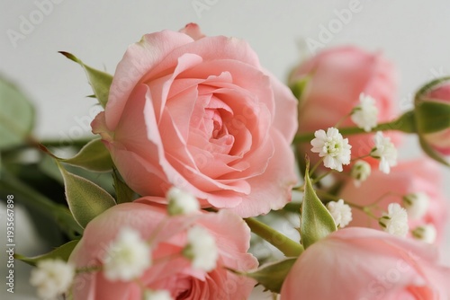 Pink roses and babys breath flowers