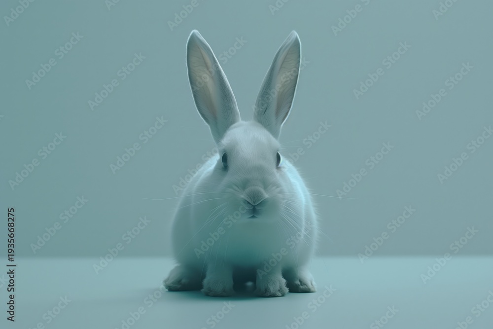 Obraz premium Soft, fluffy white rabbit sitting quietly on a pale surface under gentle lighting at a serene moment in a cozy space
