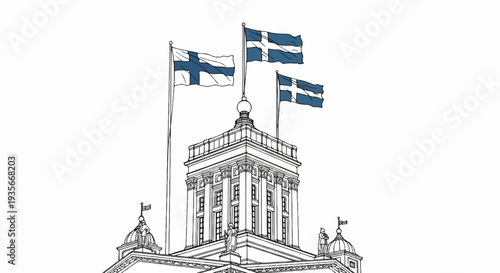 Classical building with three flags waving against a white background
