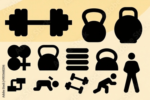 Icons representing gym equipment and exercises