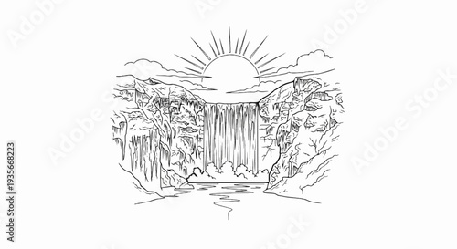 Majestic waterfall cascades down rocky cliffs under a bright, radiant sun