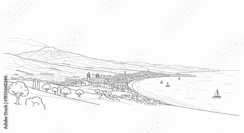 Coastal town nestled by a bay with a distant smoking volcano