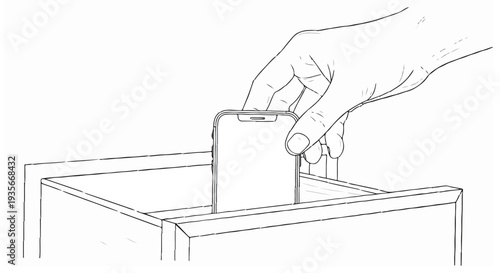 Digital Detox Concept: Hand Putting Smartphone into Drawer Line Art Illustration