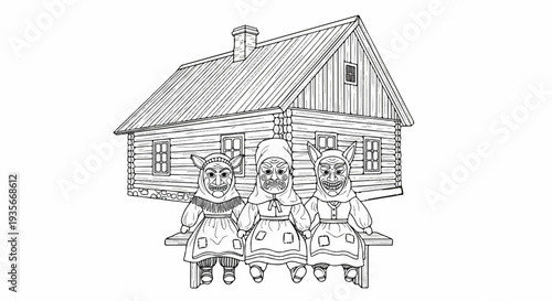 Three figures in masks sit on a bench in front of a wooden house
