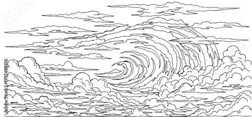 Swirling clouds form a turbulent, cresting wave against a vast sky