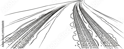 Tire tracks on a wet, curving path, rendered in a sketchy style