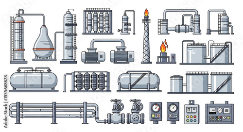 Industrial factory equipment and machinery collection illustration.