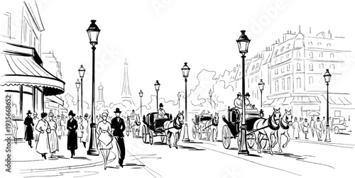 Vintage city street scene with horse-drawn carriages and pedestrians