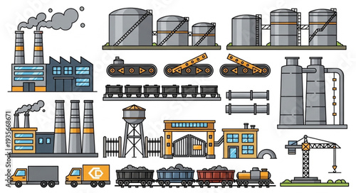 Industrial factory and transportation elements collection vector illustration.