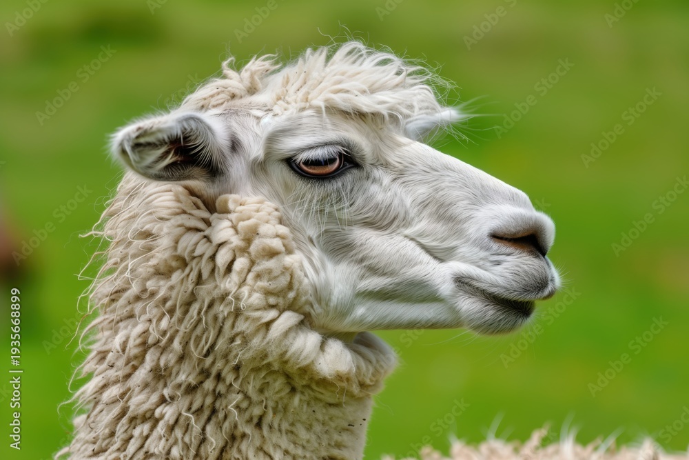 Naklejka premium Soft, fluffy llama gazes gracefully across a vibrant green pasture under the bright sun
