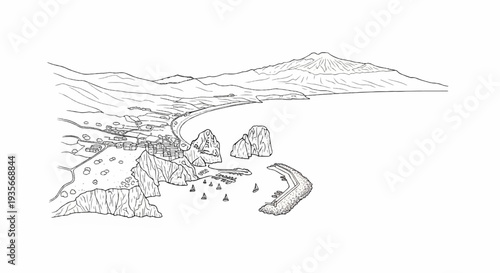 Coastal town nestled by a bay with rocky outcrops and a distant volcano