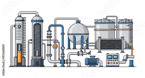 Industrial Chemical Processing Plant Equipment Illustration.