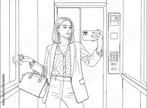 Professional woman takes a selfie in an elevator with a handbag