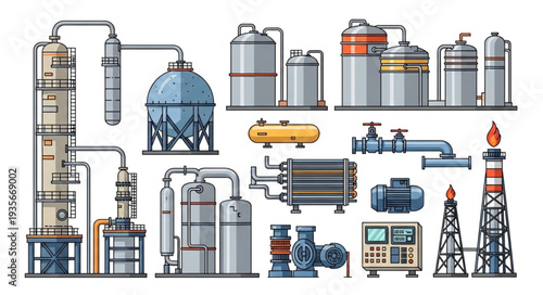 Industrial oil refinery and chemical plant equipment illustration.