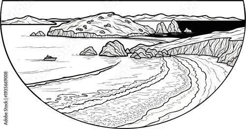 Coastal scene with rolling hills, rocky outcrops, beach, and a lone boat