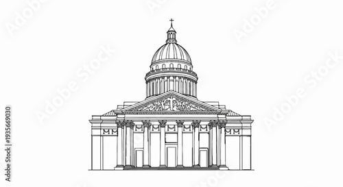 Classical building facade with dome, columns, and detailed pediment carving
