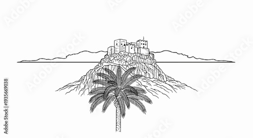 Ancient fortress atop a rocky hill with a palm tree in foreground