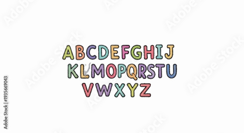 Colorful stitched alphabet letters arranged in three rows on a white background