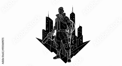 Cybernetic soldier with futuristic weapon stands before city skyline