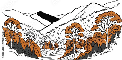 Autumnal forest scene with a winding river and distant mountains