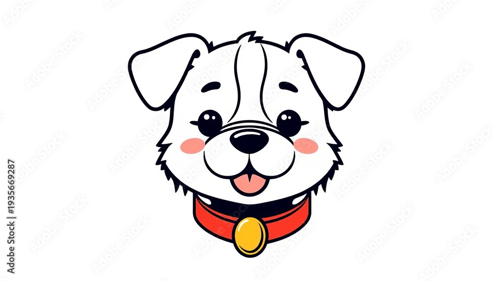 Fototapeta premium Cute kawaii dog head vector art, simple line drawing with bold outlines, wearing red collar and gold bell Flat minimal sticker style clip art on white, digital art, cheerful