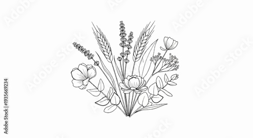 Hand-drawn sketch of a delicate floral bouquet with wheat and lavender