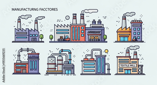 Collection of industrial manufacturing factory buildings with smokestacks.