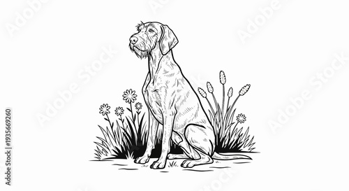 A detailed line drawing of a seated wire-haired dog among grass and flowers