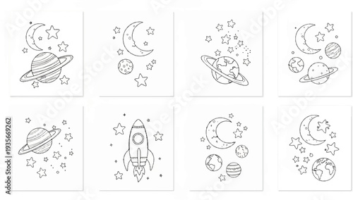 Eight simple line drawings of celestial bodies and a rocket ship