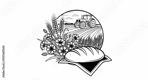 Farm scene with tractor and harvested wheat, accented by flowers and a loaf of bread