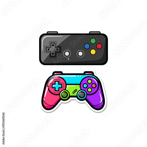 Two Video Game Controller Stickers, Classic Black and Neon Colorful Gamepad Illustrations, Gaming Icon Set Isolated on White