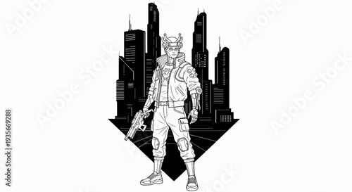 A lone warrior stands with a futuristic weapon against a city skyline
